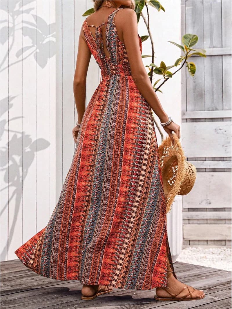 Boho Print V Neck Maxi Dress with Smocked Waist