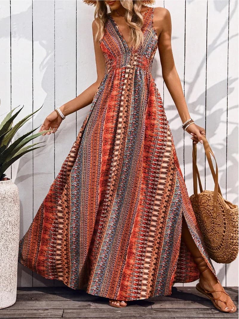 Boho Print V Neck Maxi Dress with Smocked Waist