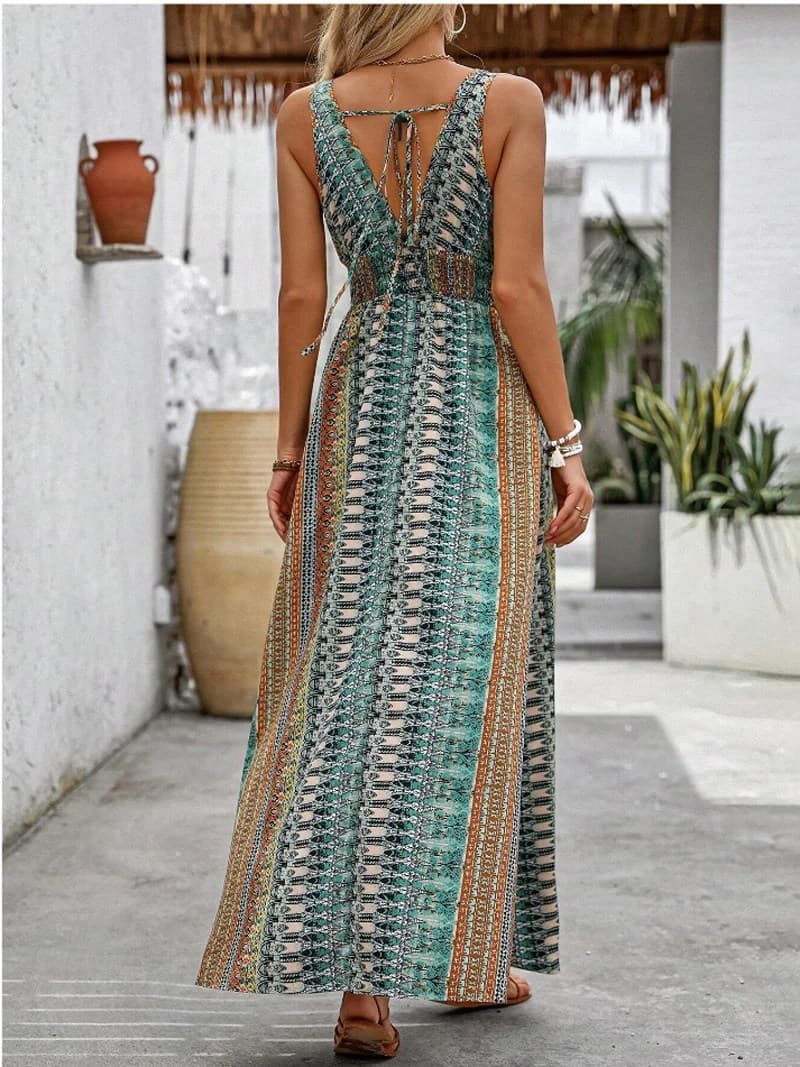 Boho Print V Neck Maxi Dress with Smocked Waist