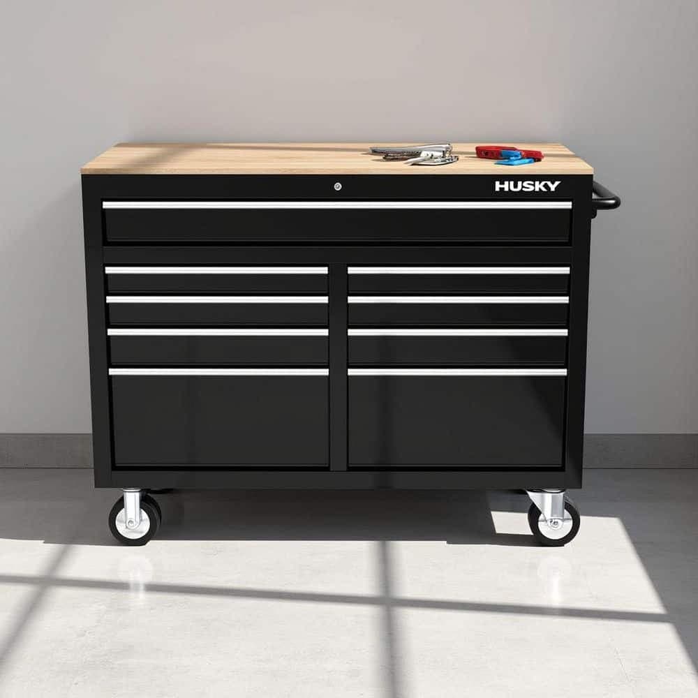 46 in W x 18 in D 9-Drawer Mobile Workbench Cabinet, Gloss Black