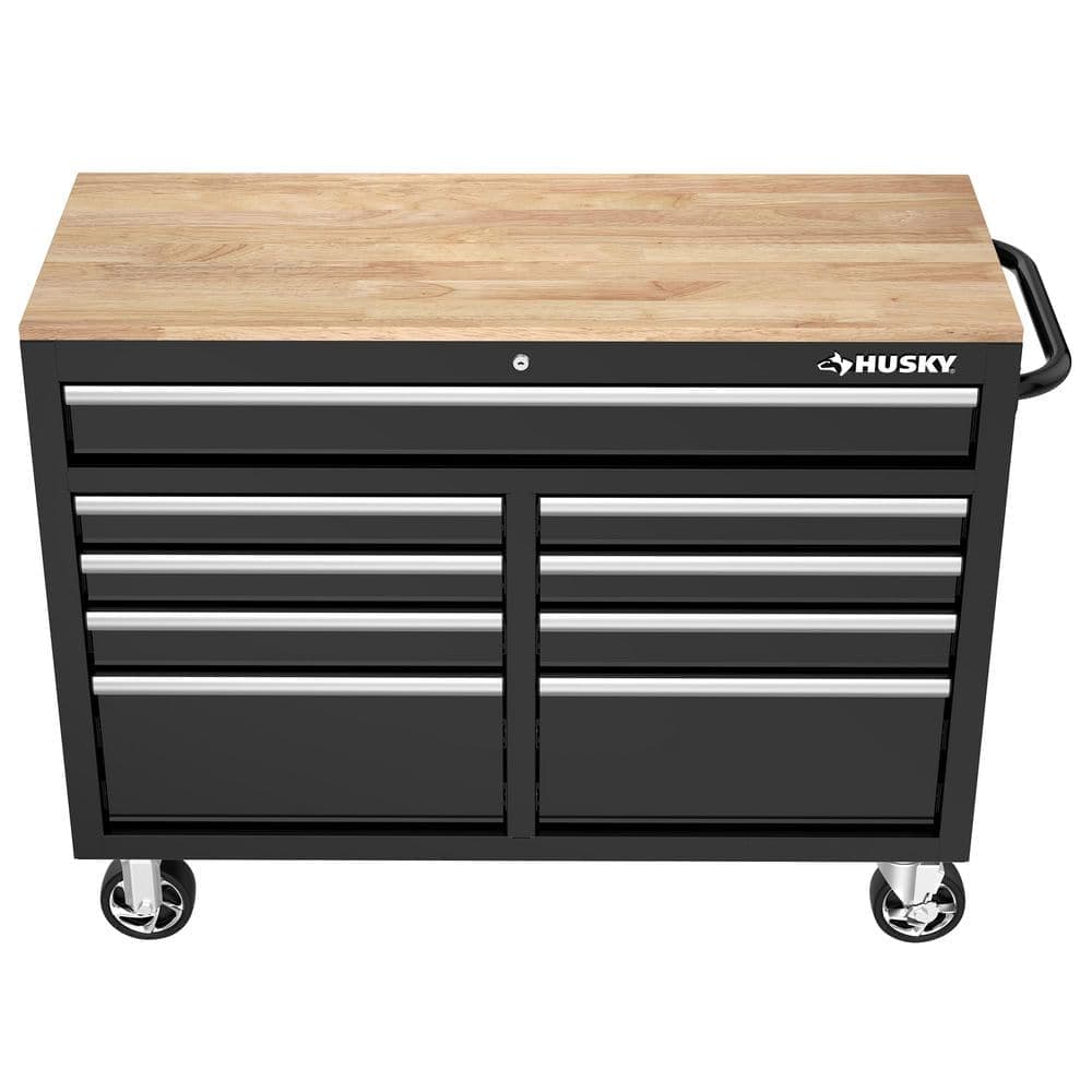 46 in W x 18 in D 9-Drawer Mobile Workbench Cabinet, Gloss Black