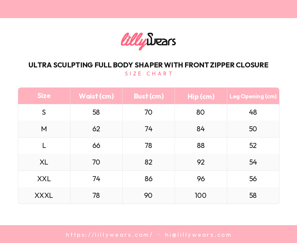 Ultra Sculpting Full Body Shaper with Front Zipper Closure size chart
