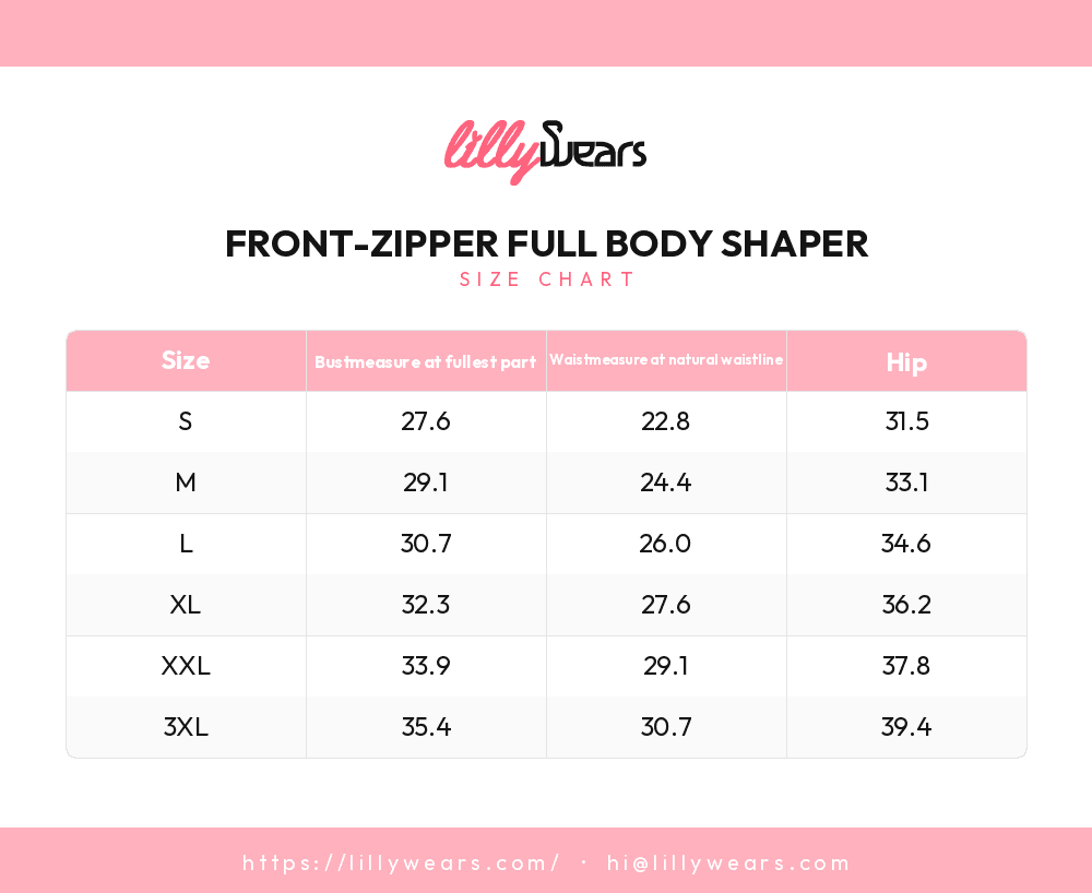 Front-Zipper Full Body Shaper size chart