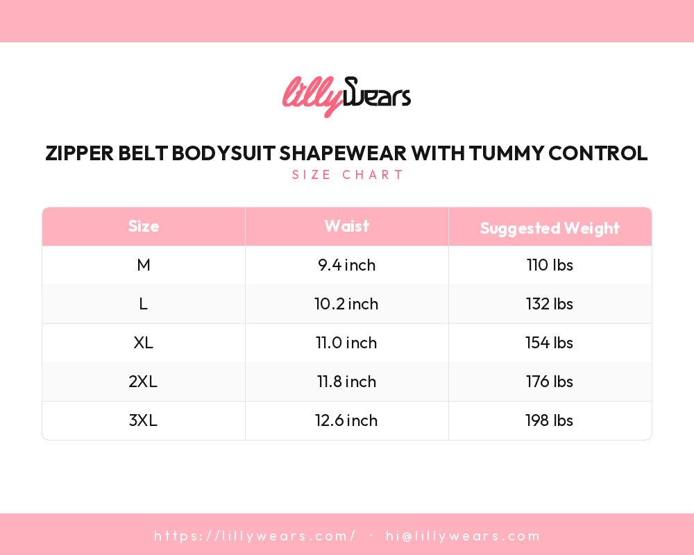 Zipper Belt Bodysuit Shapewear with Tummy Control size chart