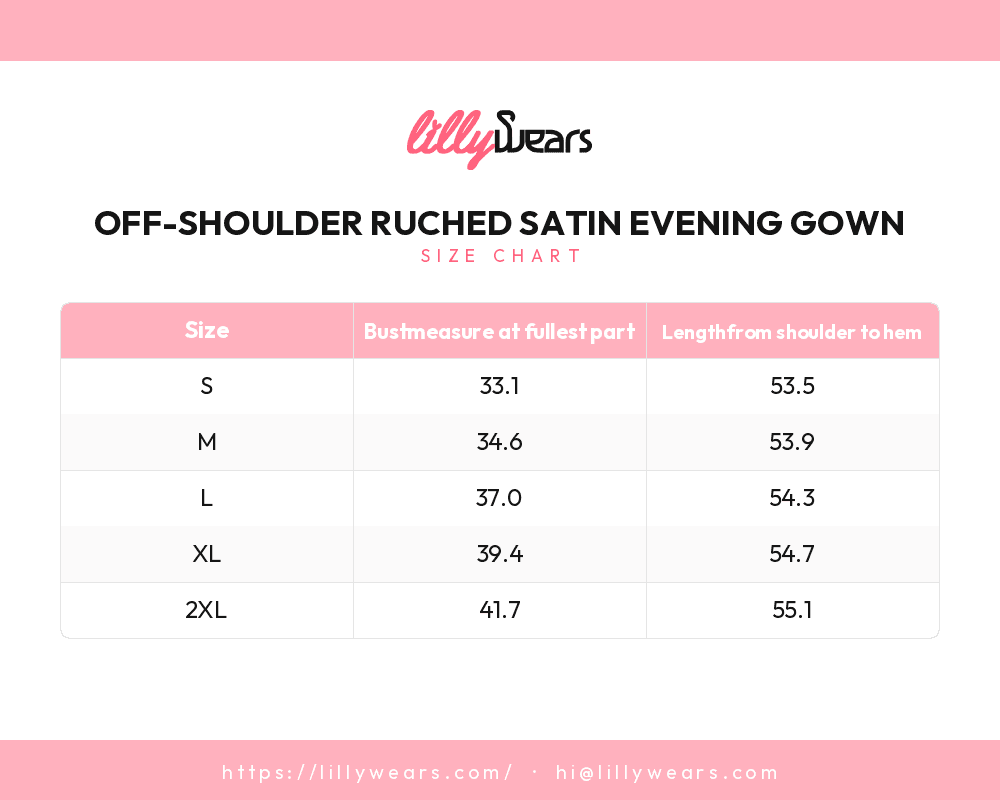 Off-Shoulder Ruched Satin Evening Gown size chart