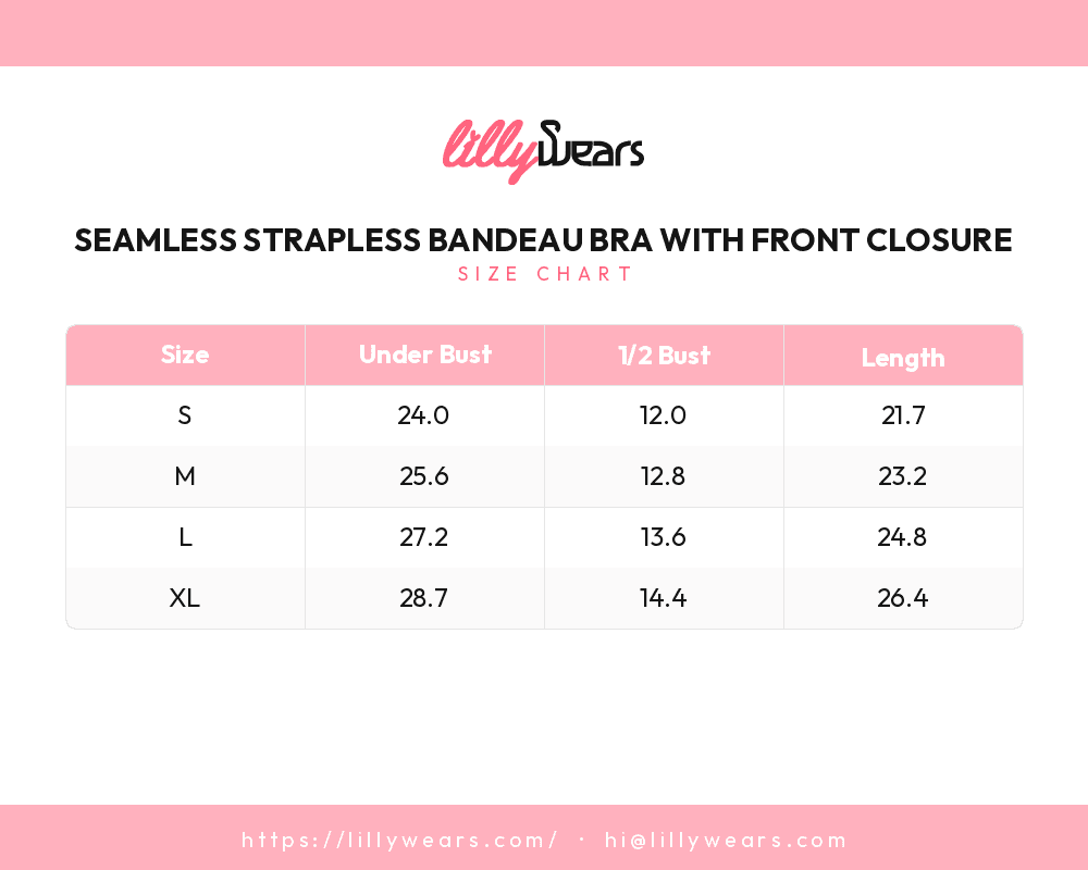 Seamless Strapless Bandeau Bra with Front Closure size chart