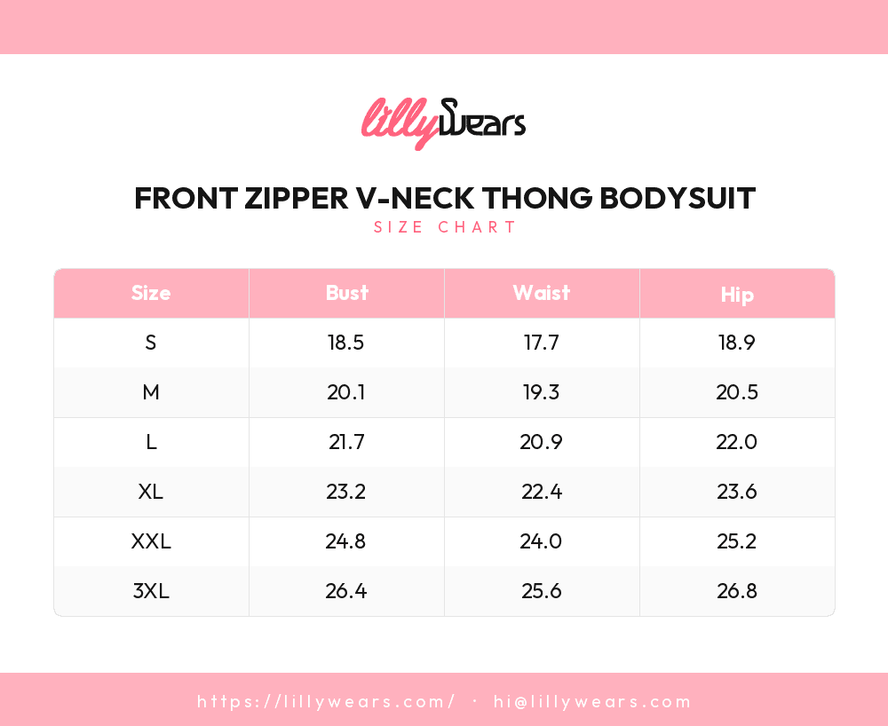 Front Zipper V-Neck Thong Bodysuit size chart