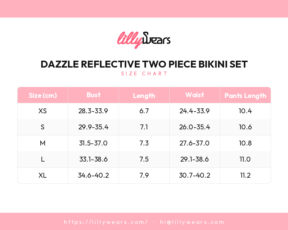 Dazzle Reflective Two Piece Bikini Set size chart
