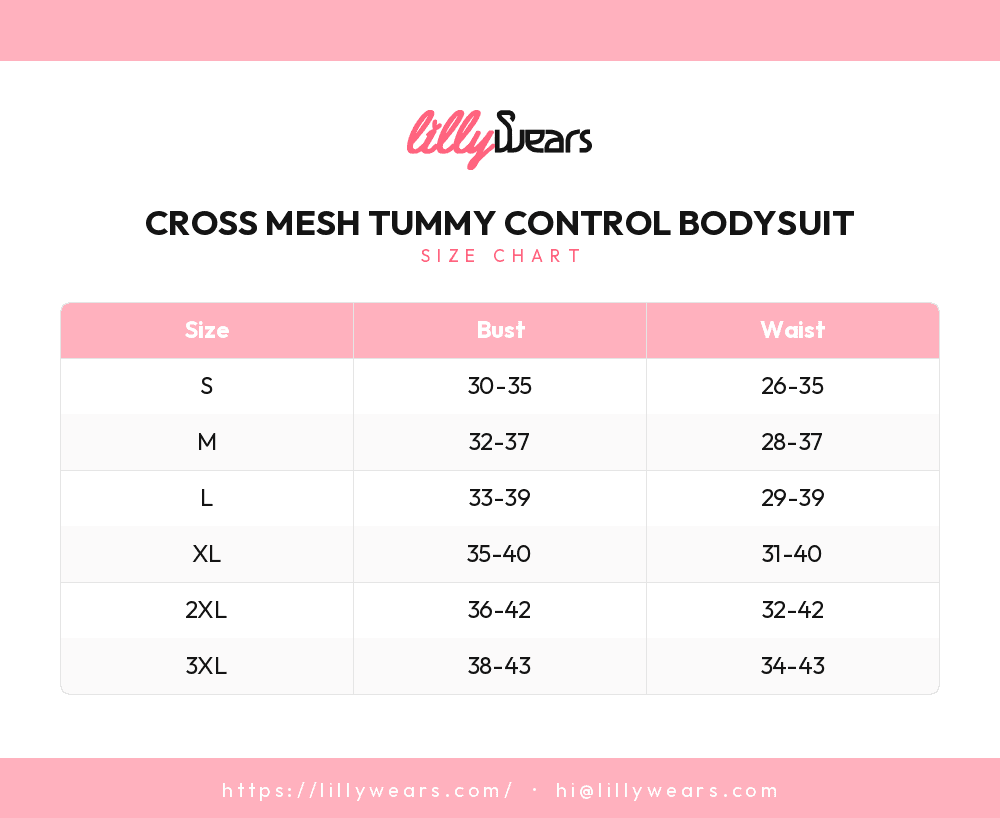 Cross Mesh Tummy Control Bodysuit size chart