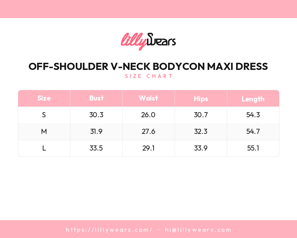Off-Shoulder V-Neck Bodycon Maxi Dress size chart
