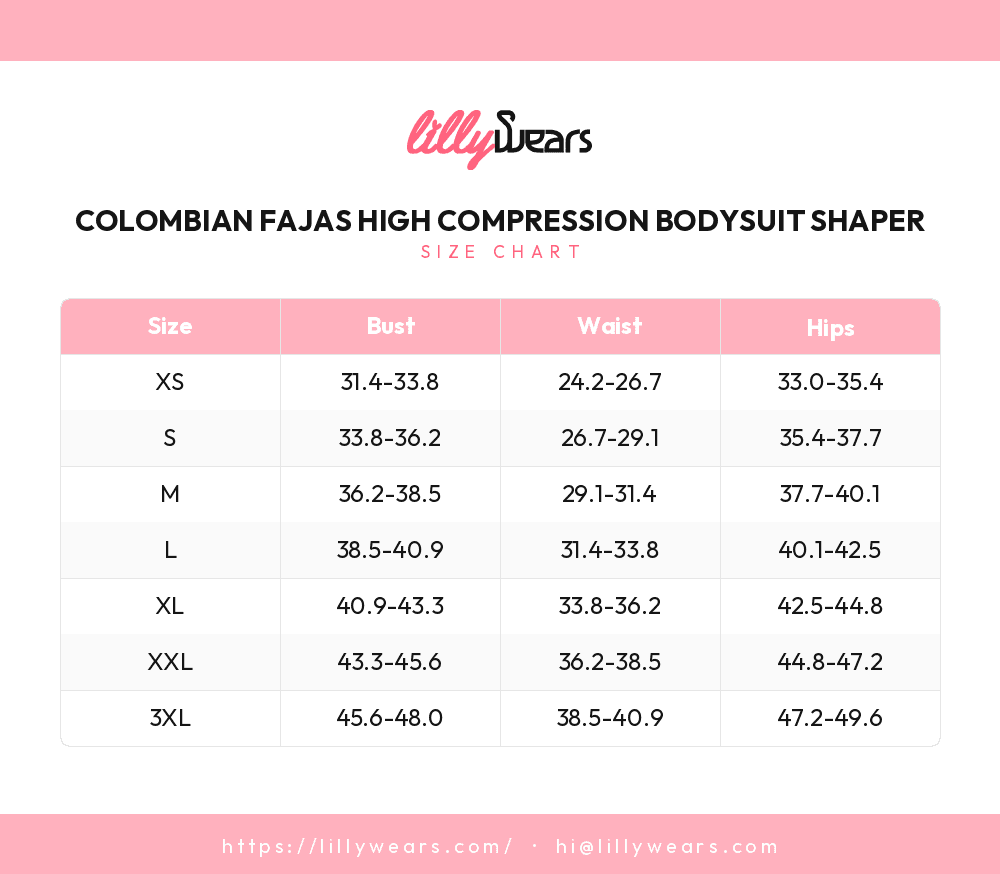 Colombian Fajas High Compression Bodysuit Shaper size chart