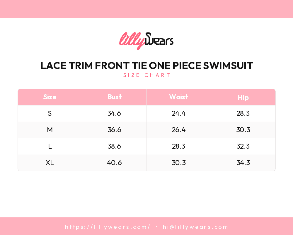 Lace Trim Front Tie One Piece Swimsuit size chart