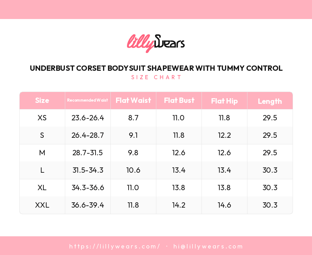 Underbust Corset Bodysuit Shapewear with Tummy Control size chart