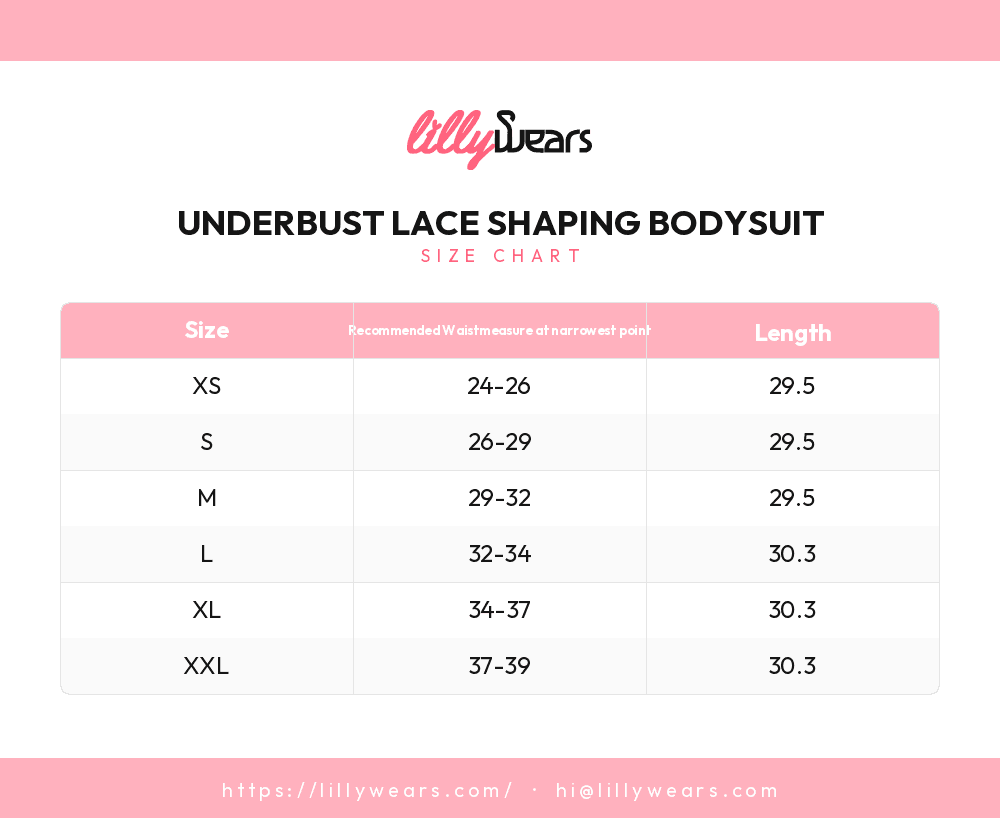 Underbust Lace Shaping Bodysuit size chart