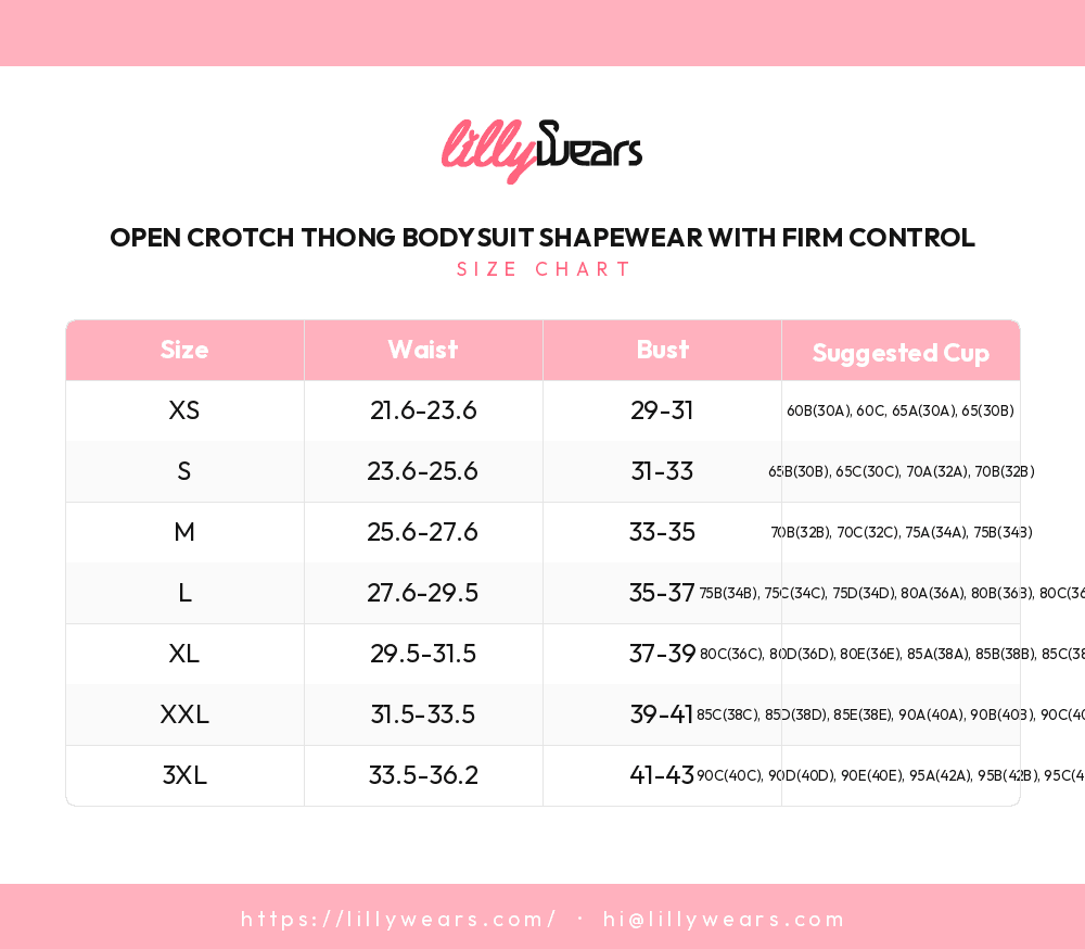 Open Crotch Thong Bodysuit Shapewear with Firm Control size chart