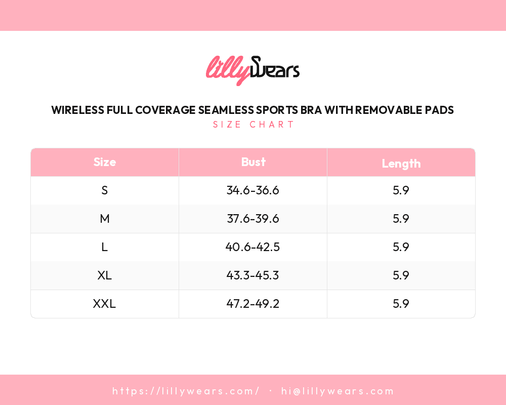Wireless Full Coverage Seamless Sports Bra with Removable Pads size chart