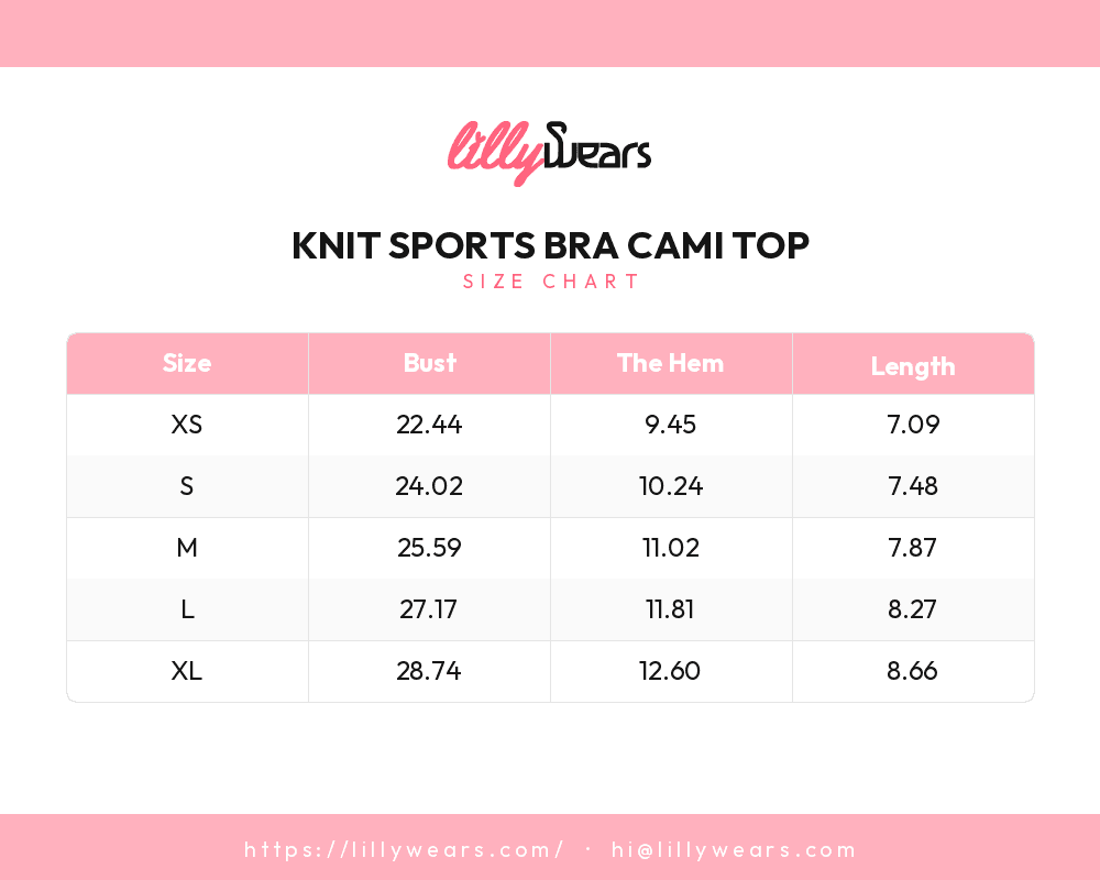 Knit Sports Bra Cami Top size chart
