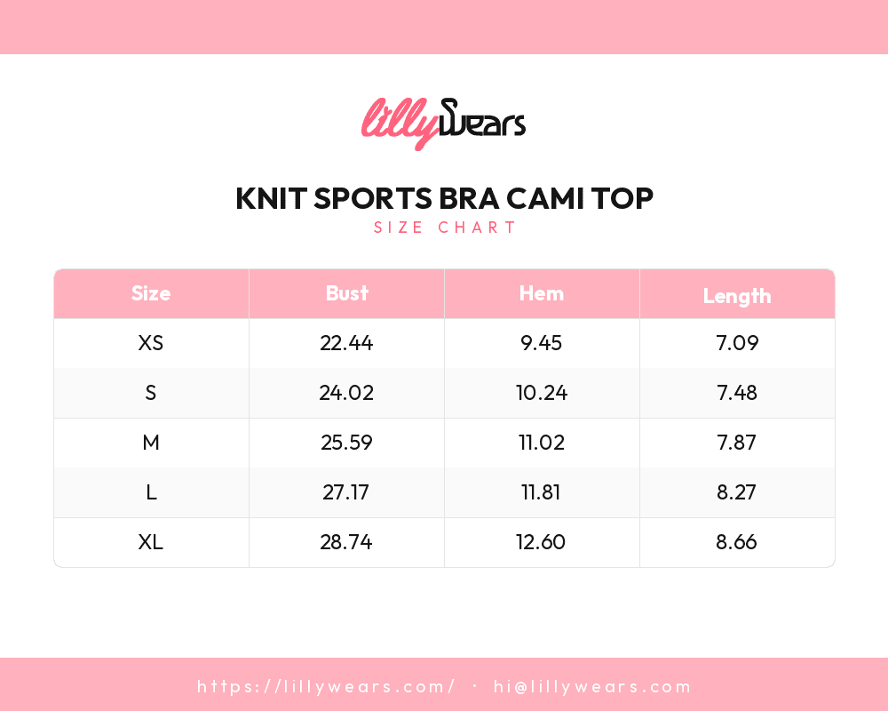 Knit Sports Bra Cami Top size chart