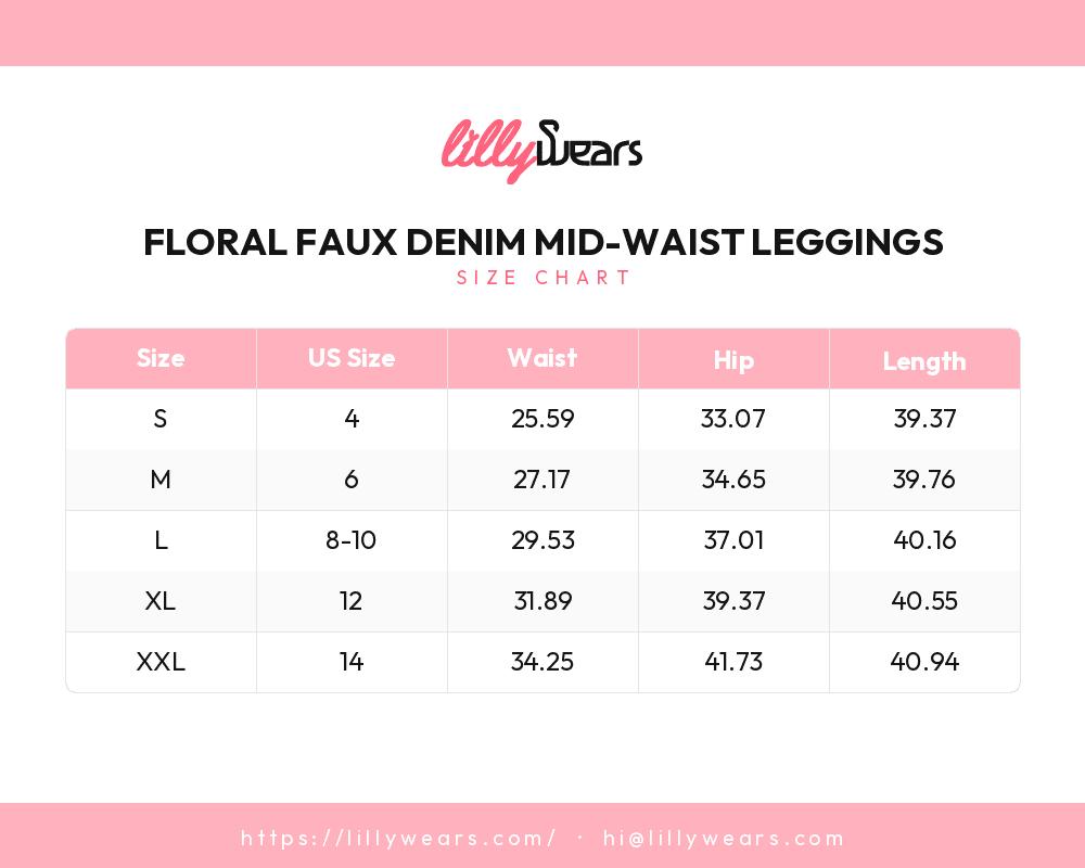 Floral Faux Denim Mid-Waist Leggings size chart