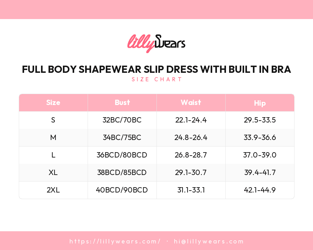 Full Body Shapewear Slip Dress with Built In Bra size chart