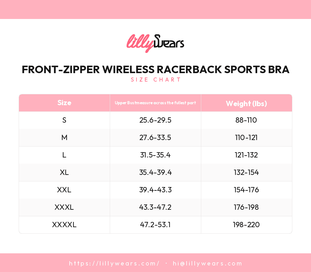 Front-Zipper Wireless Racerback Sports Bra size chart