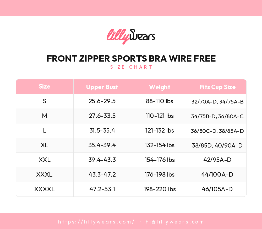 Front Zipper Sports Bra Wire Free size chart