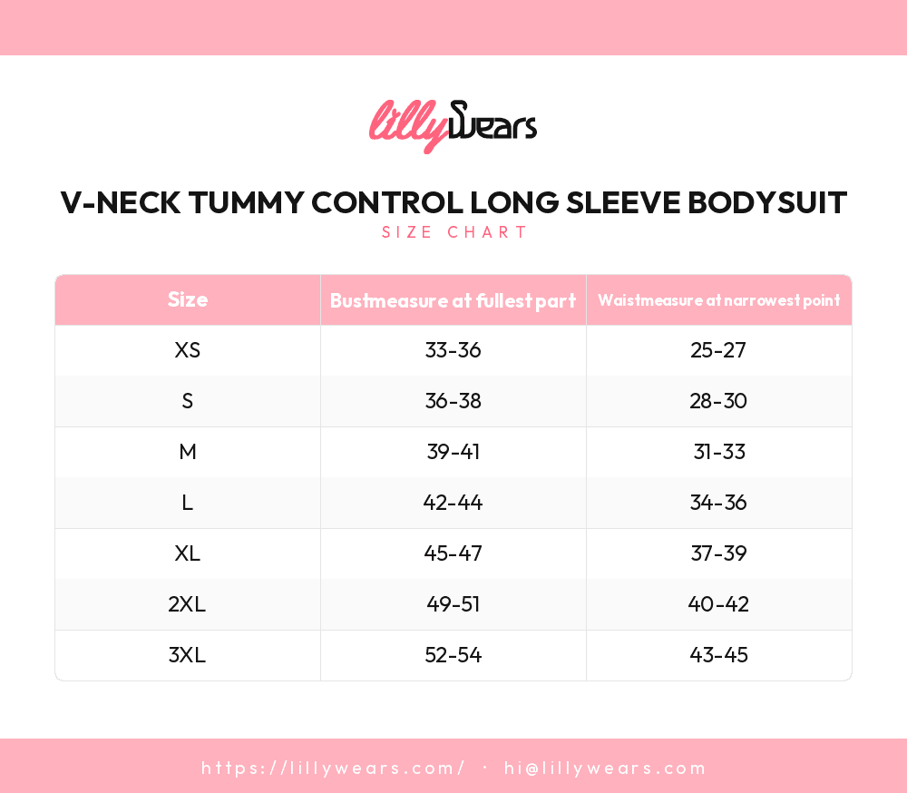 V-Neck Tummy Control Long Sleeve Bodysuit size chart