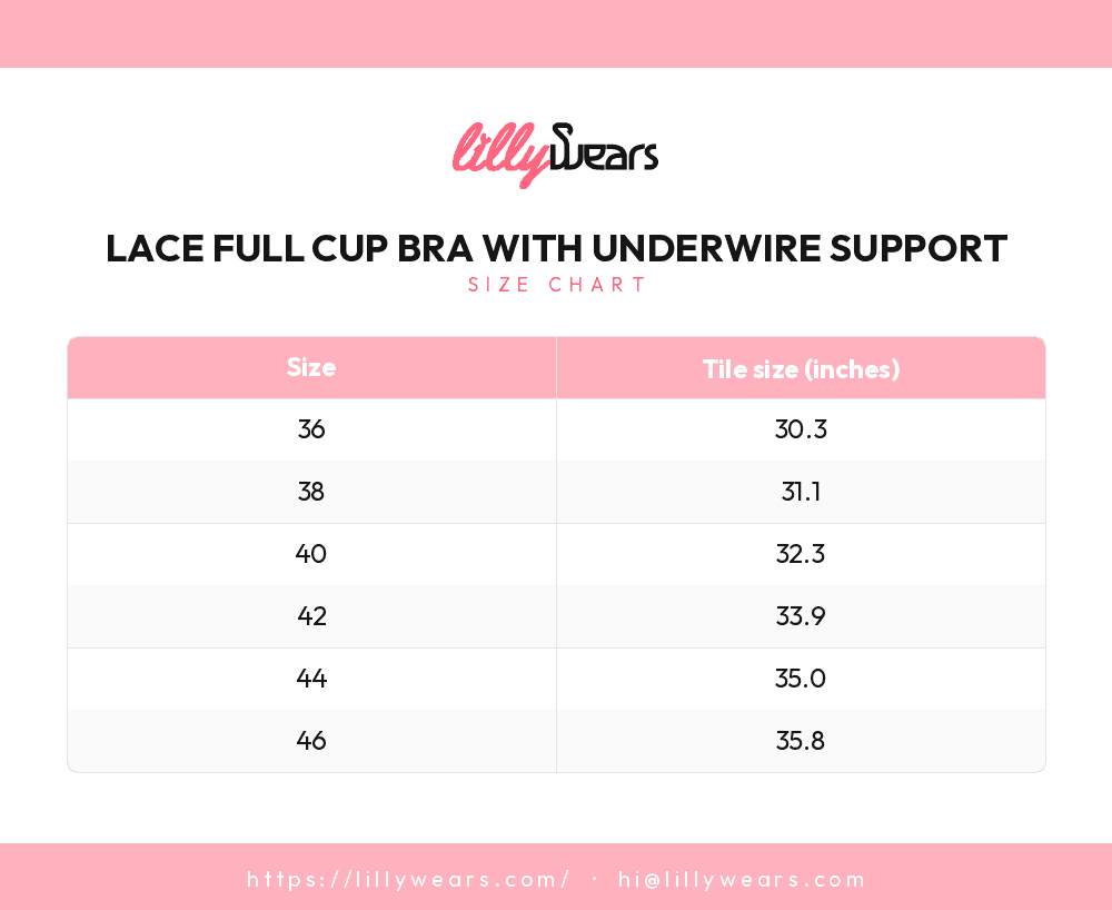 Lace Full Cup Bra with Underwire Support size chart