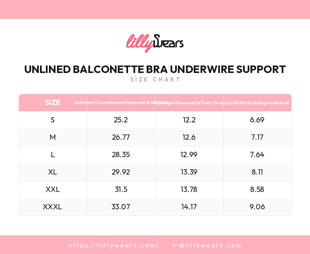 Unlined Balconette Bra Underwire Support size chart