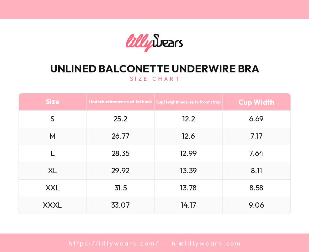 Unlined Balconette Underwire Bra size chart