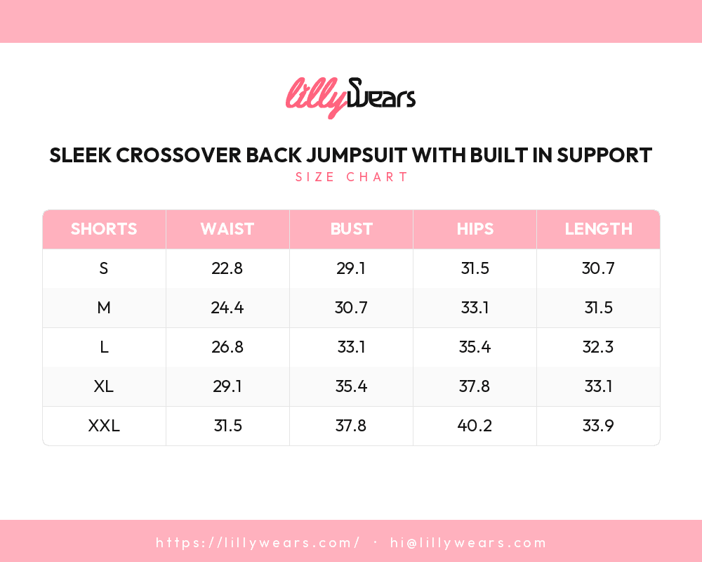 Sleek Crossover Back Jumpsuit with Built In Support size chart