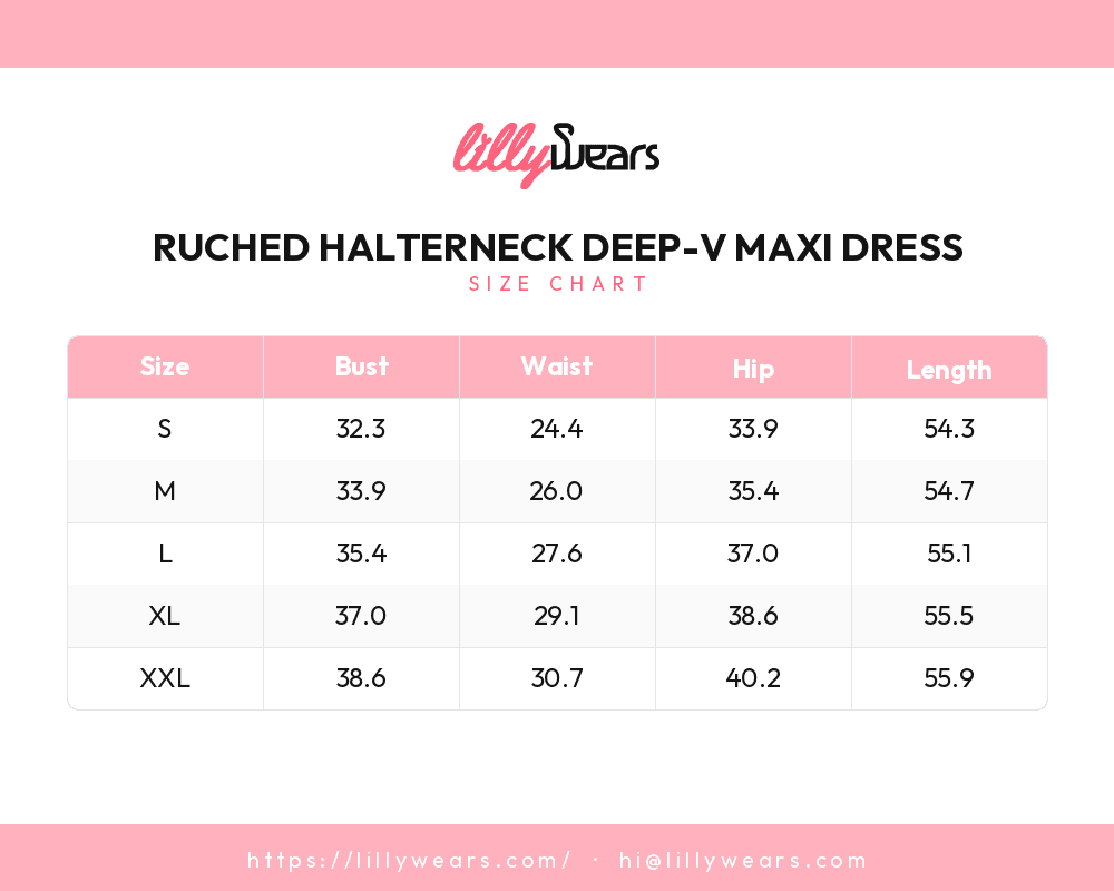 Ruched Halterneck Deep-V Maxi Dress size chart