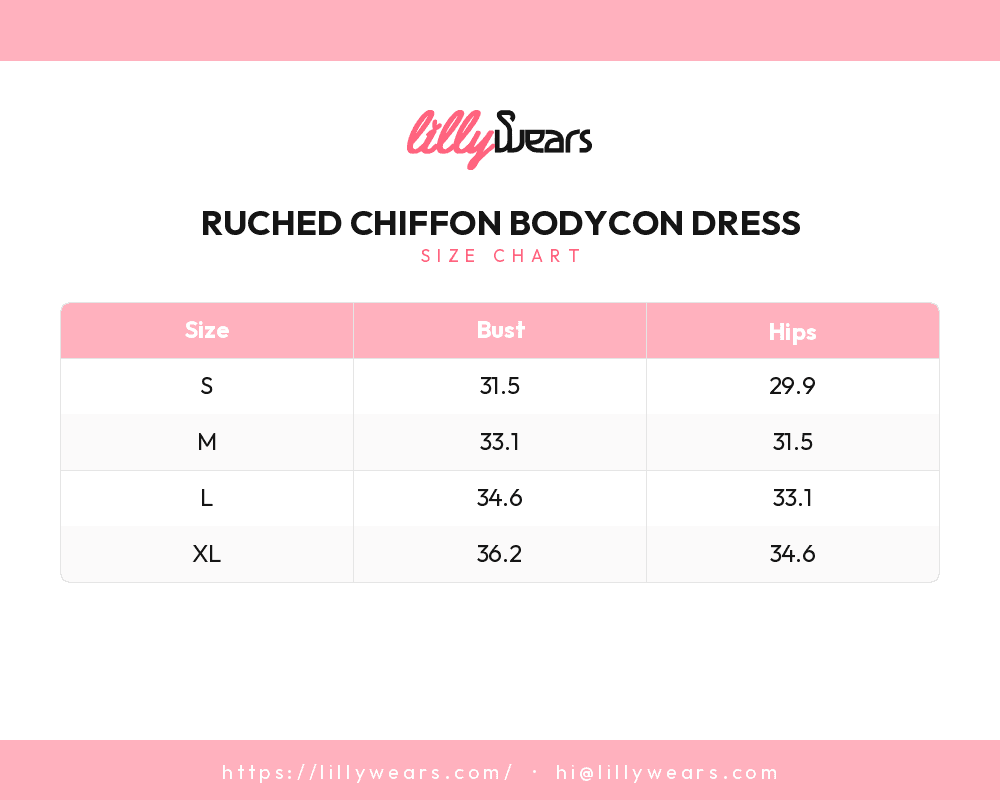 Ruched Chiffon Bodycon Dress size chart
