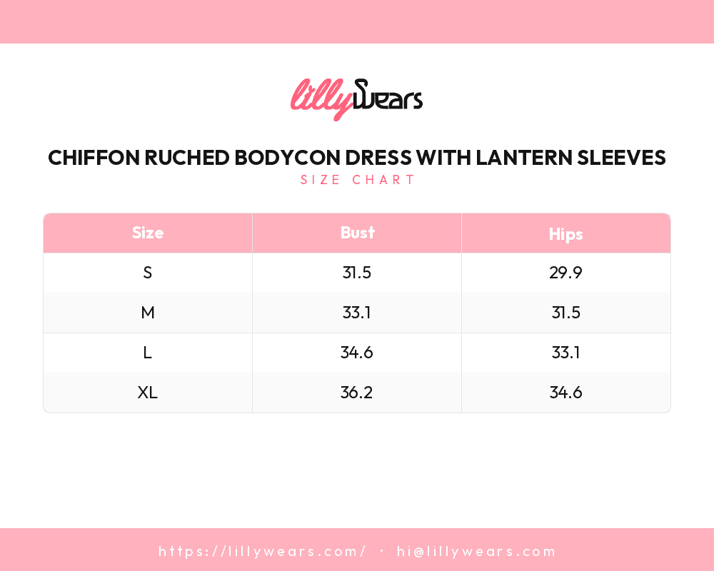 Chiffon Ruched Bodycon Dress with Lantern Sleeves size chart
