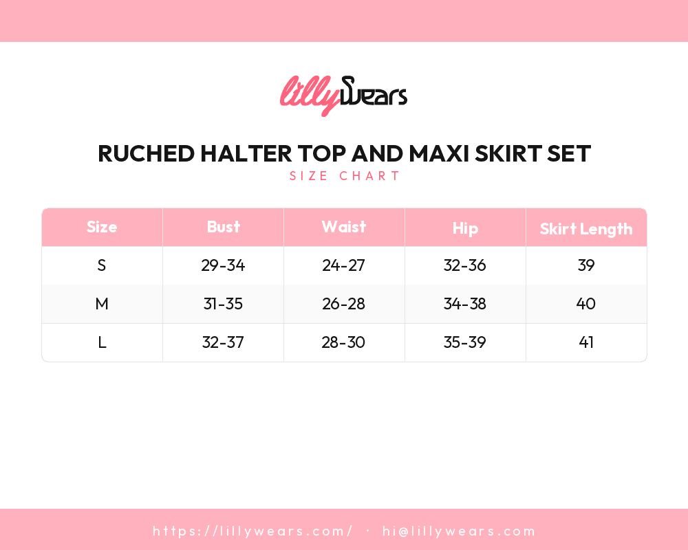 Ruched Halter Top and Maxi Skirt Set size chart