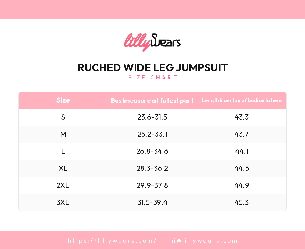 Ruched Wide Leg Jumpsuit size chart