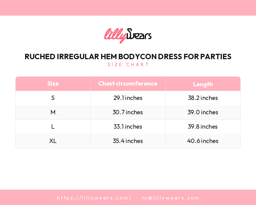 Ruched Irregular Hem Bodycon Dress for Parties size chart