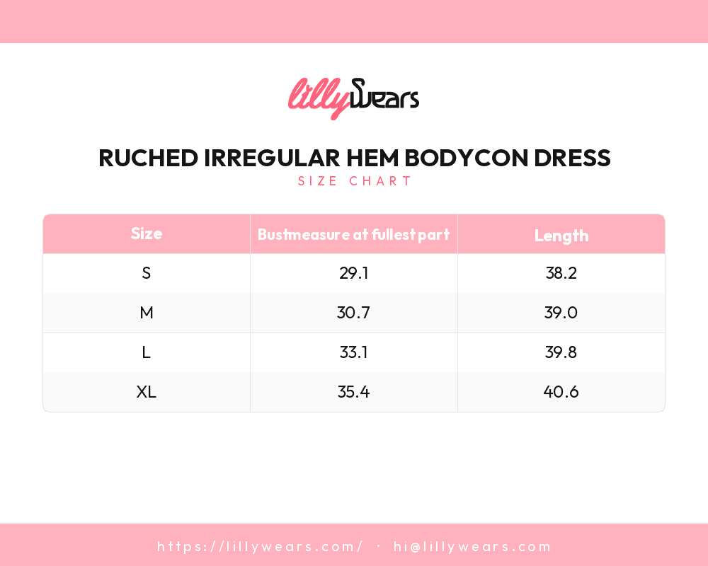 Ruched Irregular Hem Bodycon Dress size chart