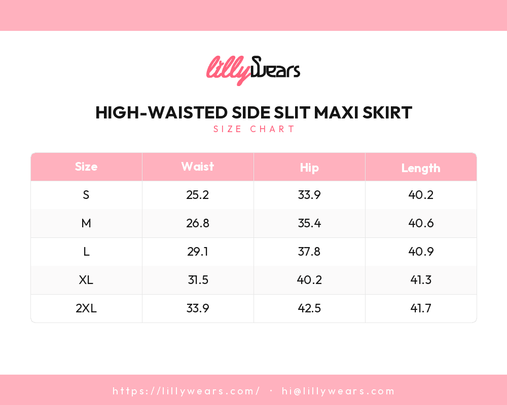 High-Waisted Side Slit Maxi Skirt size chart