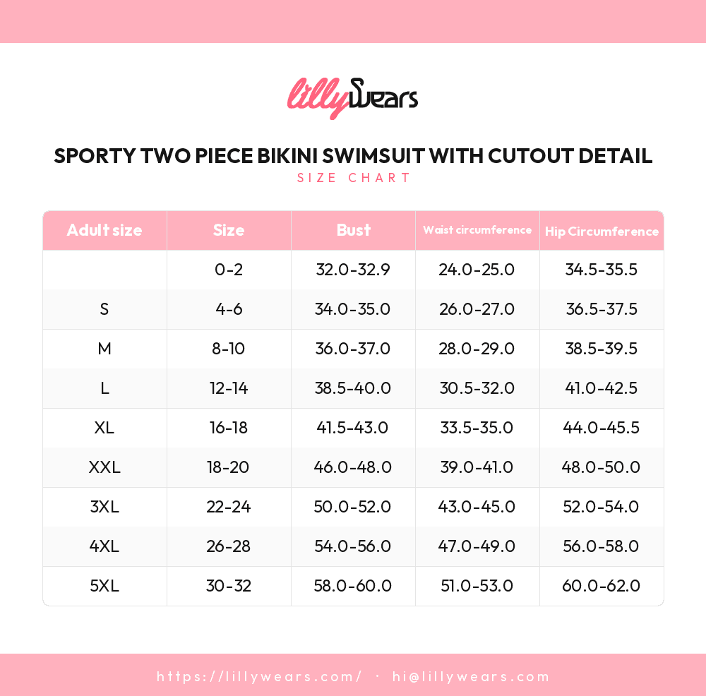 Sporty Two Piece Bikini Swimsuit with Cutout Detail size chart