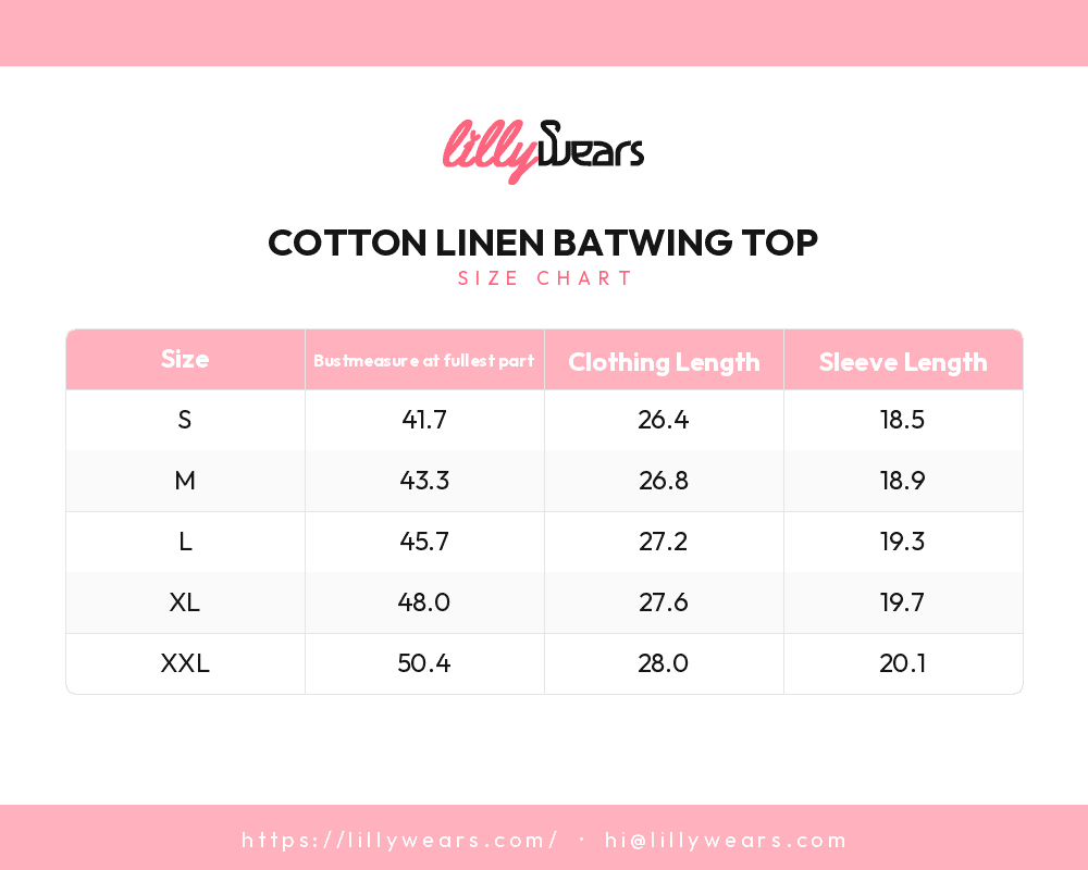Cotton Linen Batwing Top size chart