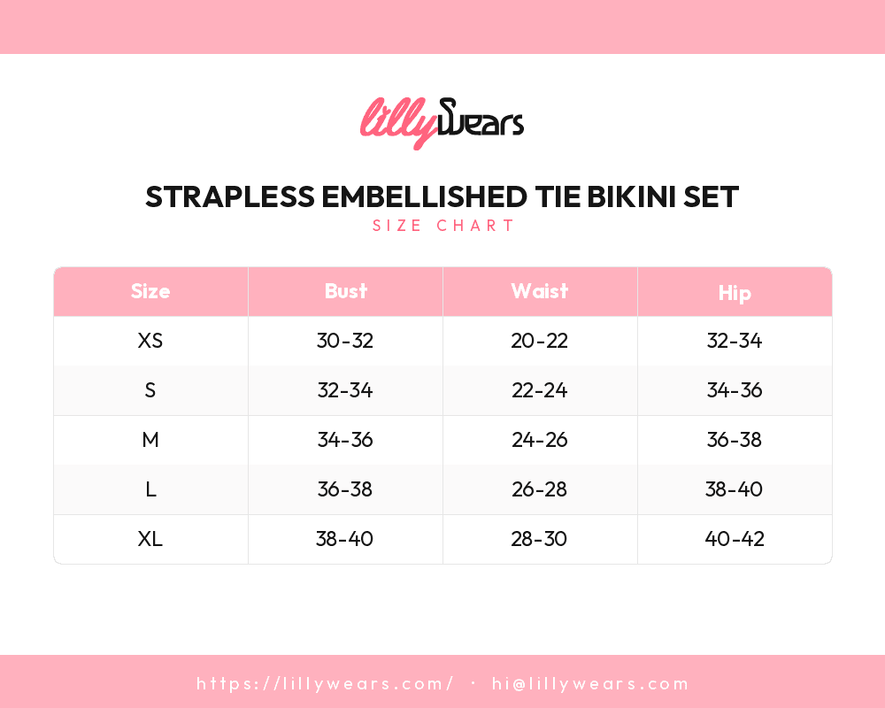 Strapless Embellished Tie Bikini Set size chart