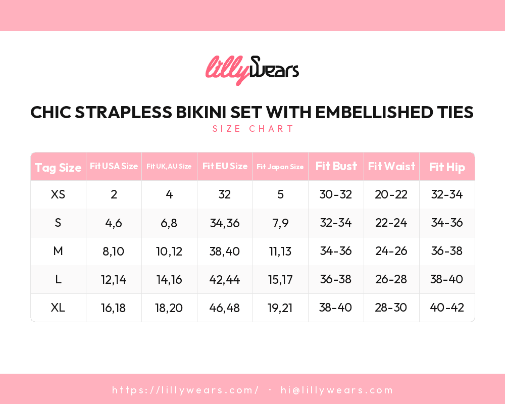 Chic Strapless Bikini Set with Embellished Ties size chart