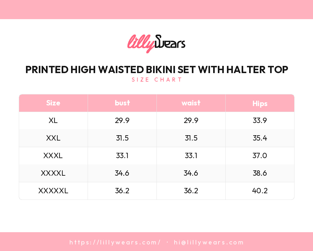 Printed High Waisted Bikini Set with Halter Top size chart