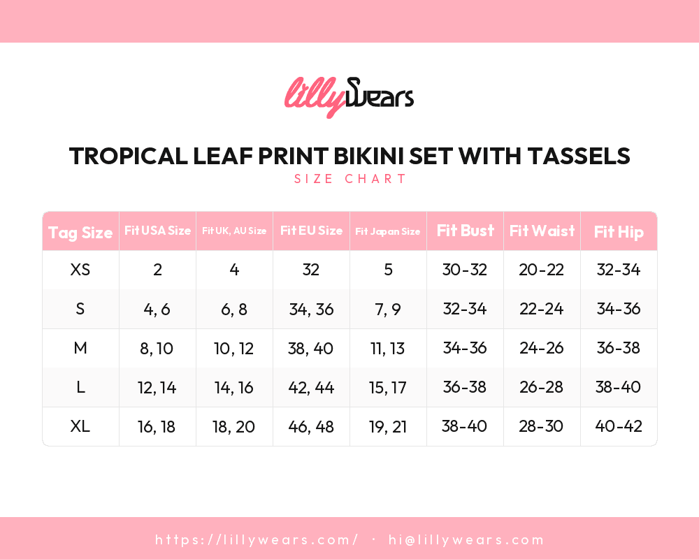 Tropical Leaf Print Bikini Set with Tassels size chart