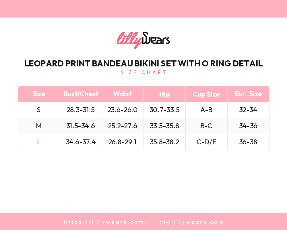 Leopard Print Bandeau Bikini Set with O Ring Detail size chart