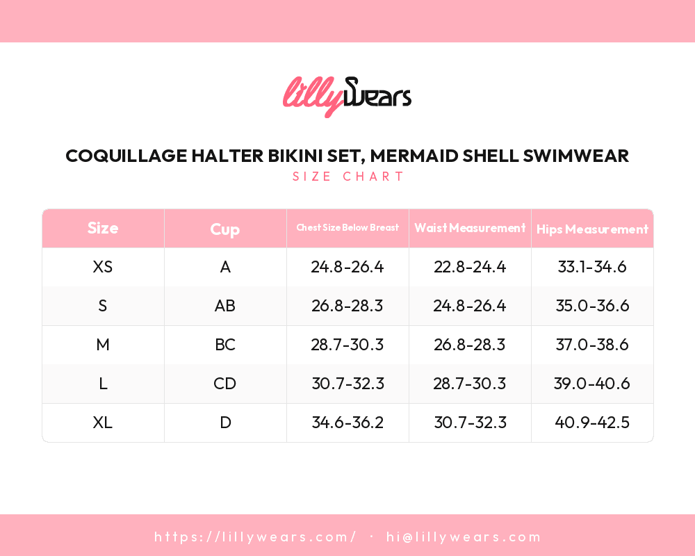 Coquillage Halter Bikini Set, Mermaid Shell Swimwear size chart