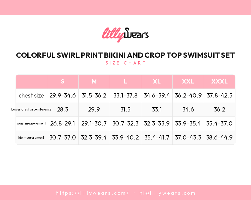 Colorful Swirl Print Bikini and Crop Top Swimsuit Set size chart