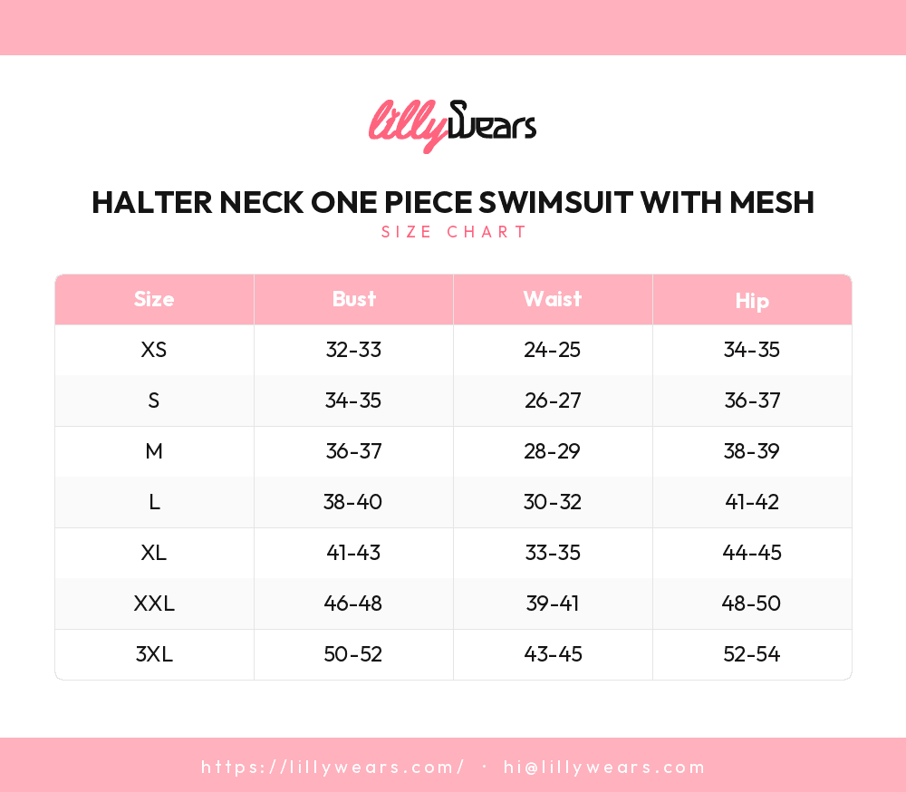 Halter Neck One Piece Swimsuit with Mesh size chart