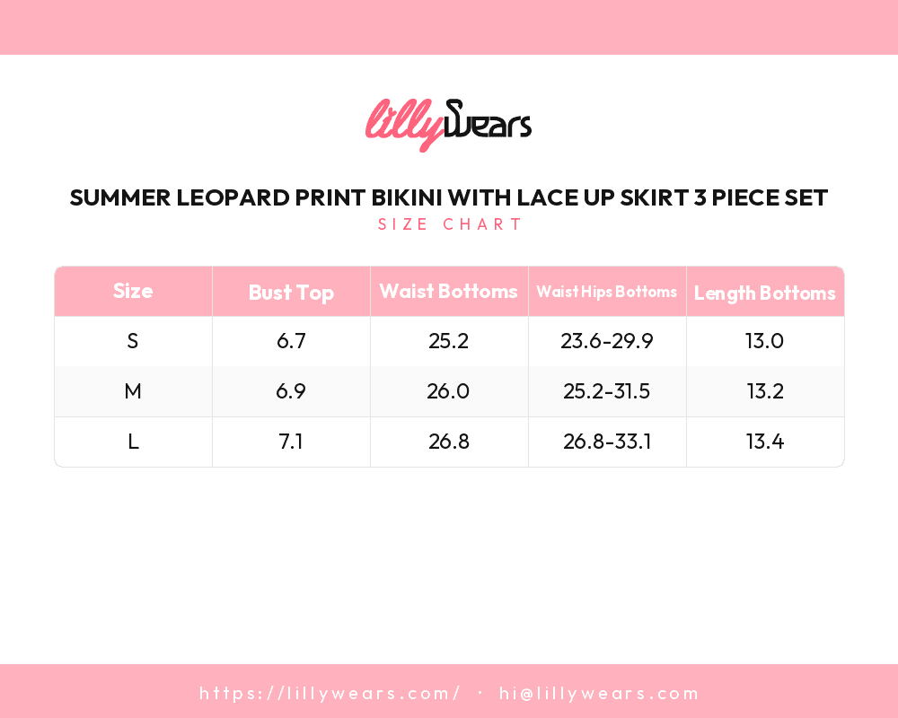 Summer Leopard Print Bikini with Lace Up Skirt 3 Piece Set size chart